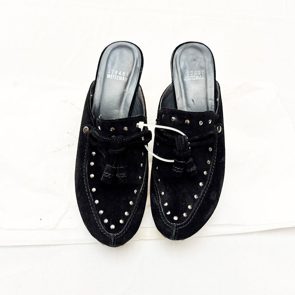 Stuart Weitzman Black Suede Studded Silver Accent Mule Clogs Size 8